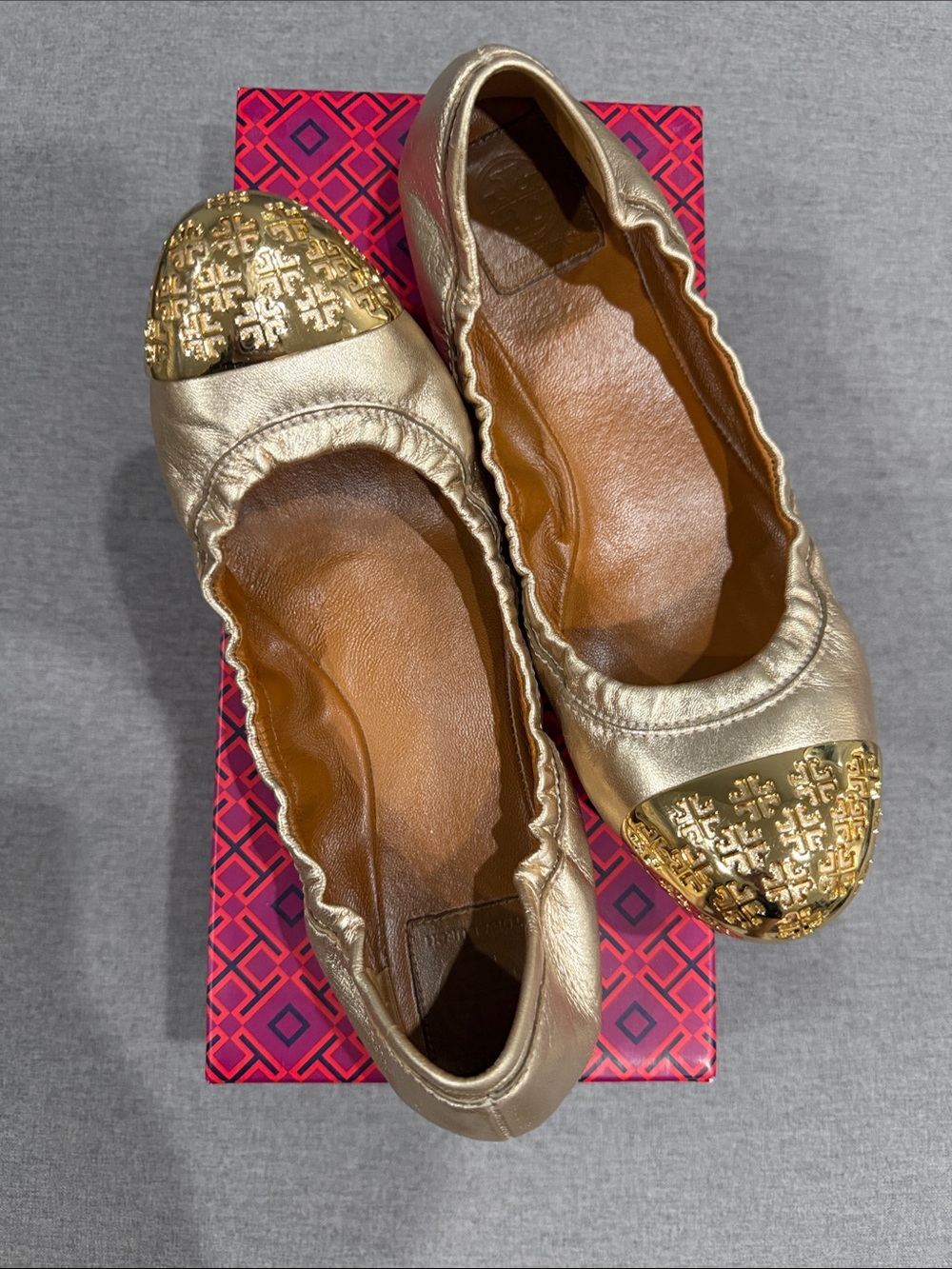 Tory Burch Gold Metallic Ballet Flats with Embellished Toe